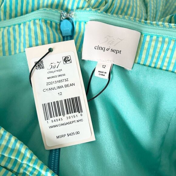 NEW Cinq a Sept Maurice Seersucker Tiered Midi Dress Cyan Lima Bean Cotton Sz 12 - Picture 5 of 6